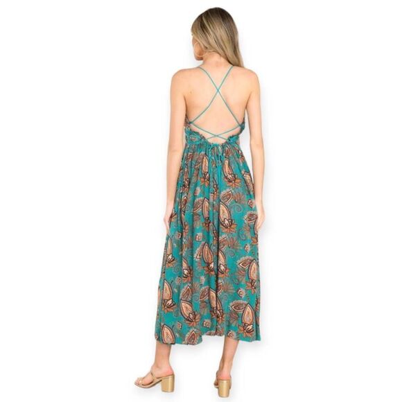 MILLIBON RED DRESS BOUTIQUE Timeless Moments Turquoise Blue Floral Print Midi Dr - Picture 4 of 13